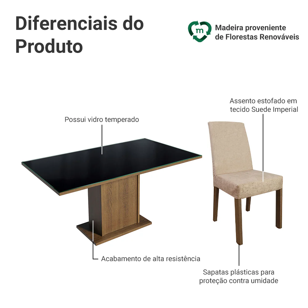 Conjunto Sala de Jantar Mesa Tampo de Vidro 4 Cadeiras Rustic/Preto/Imperial Avril Madesa - Image 3