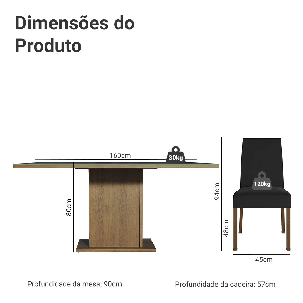 Conjunto Sala de Jantar Mesa Tampo de Vidro 4 Cadeiras Rustic/Preto/Oxford Avril Madesa - Image 3