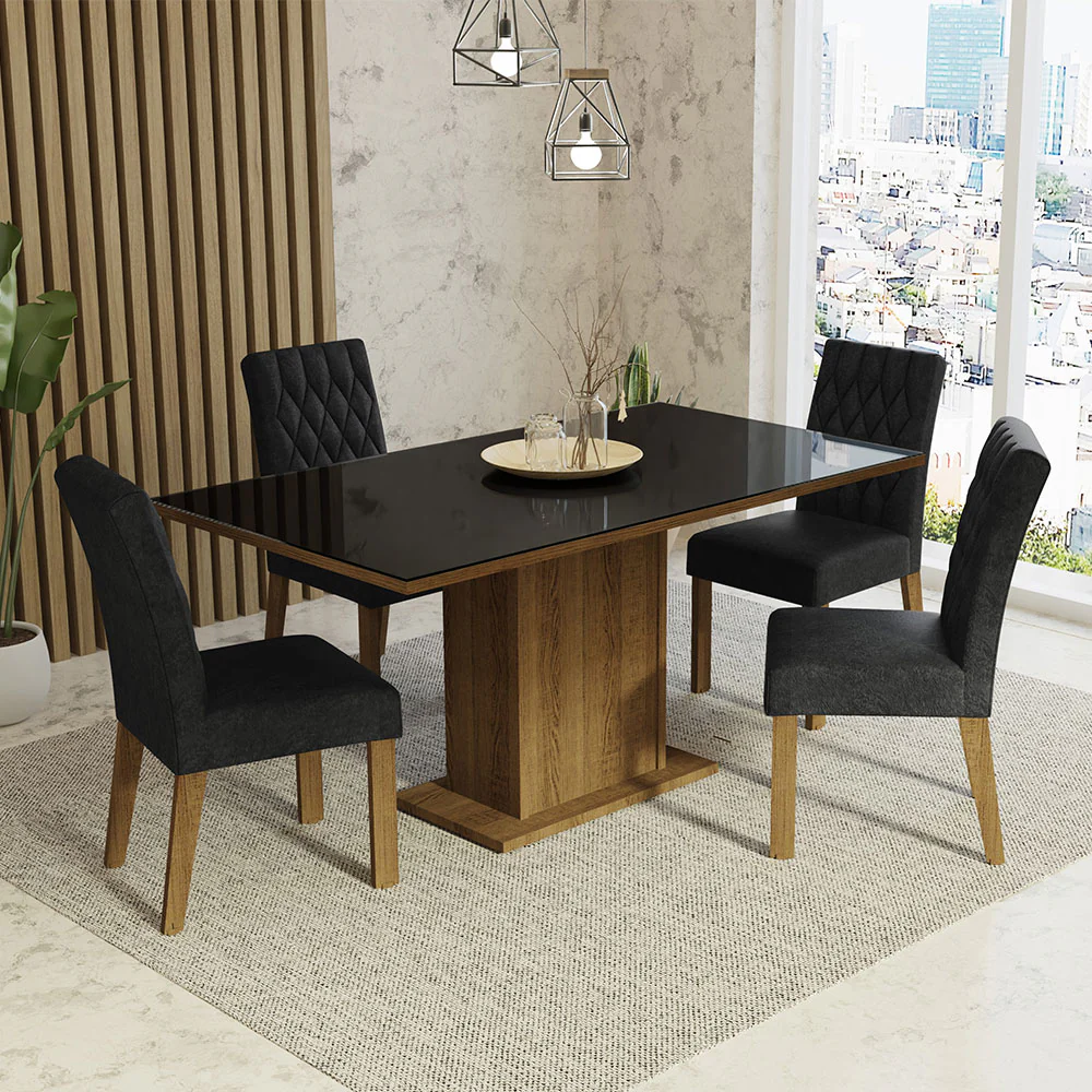 Conjunto Sala de Jantar Mesa Tampo de Vidro 4 Cadeiras Rustic/Preto/Oxford Marilia Madesa