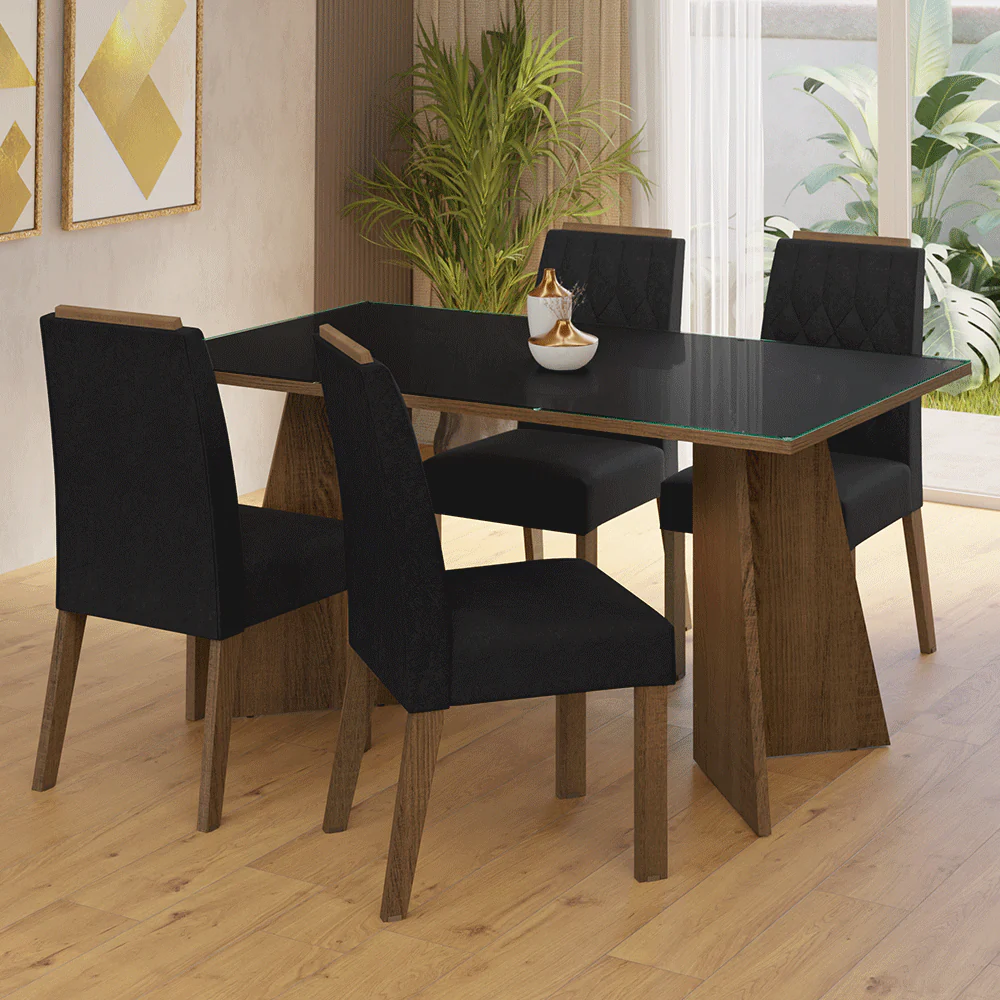 Conjunto Sala de Jantar Mesa Tampo de Vidro 4 Cadeiras Rustic/Preto/Oxford Porto Madesa
