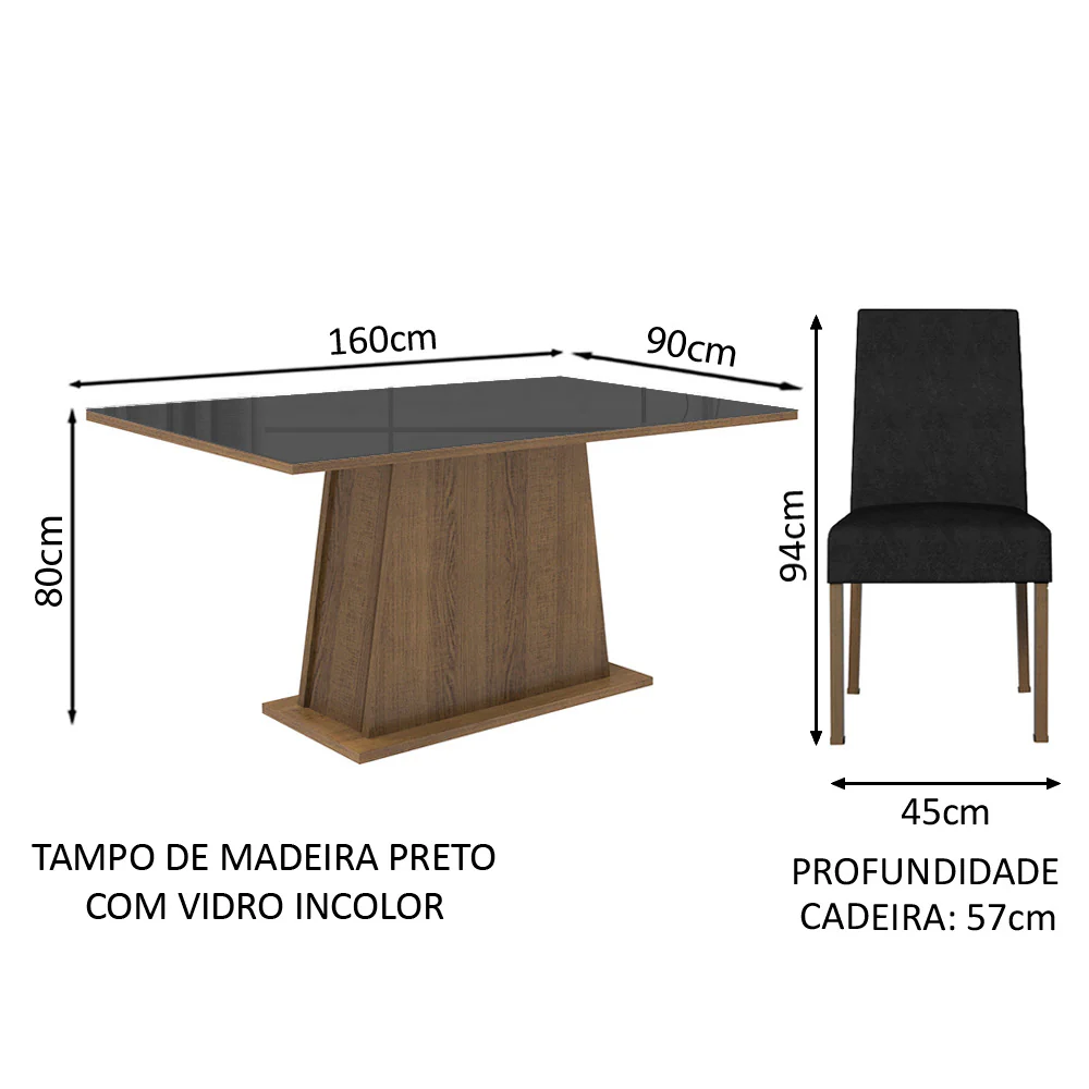 Conjunto Sala de Jantar Mesa Tampo de Vidro 4 Cadeiras Rustic/Preto/Oxford Sabrina Madesa - Image 3