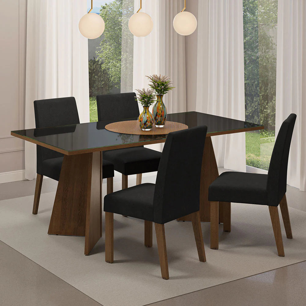 Conjunto Sala de Jantar Mesa Tampo de Vidro 4 Cadeiras Rustic/Preto/Oxford Taylor Madesa