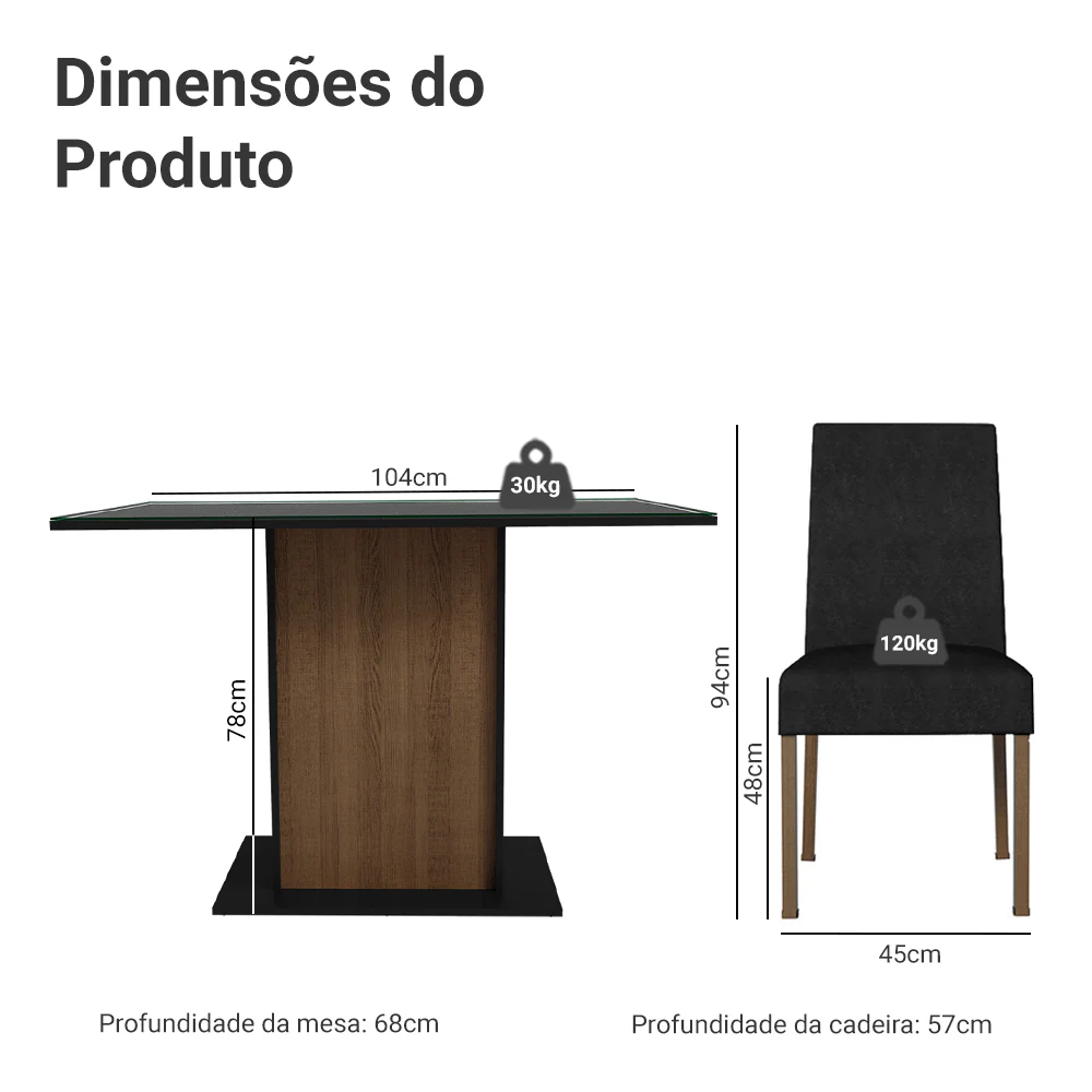 Conjunto Sala de Jantar Mesa Tampo de Vidro 4 Cadeiras Rustic/Preto/Oxford Zion Madesa - Image 3