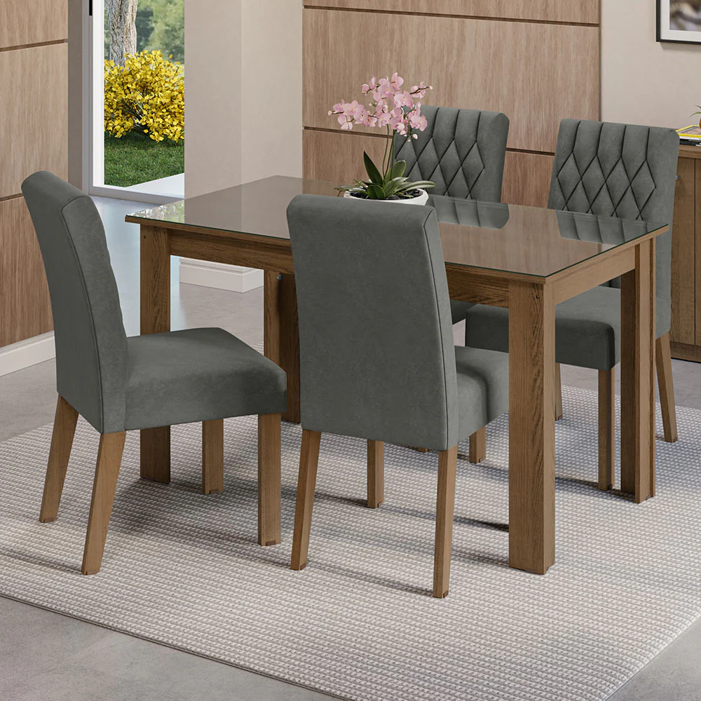 Conjunto Sala de Jantar Mesa Tampo de Vidro 4 Cadeiras Rustic/Silver Celina Madesa