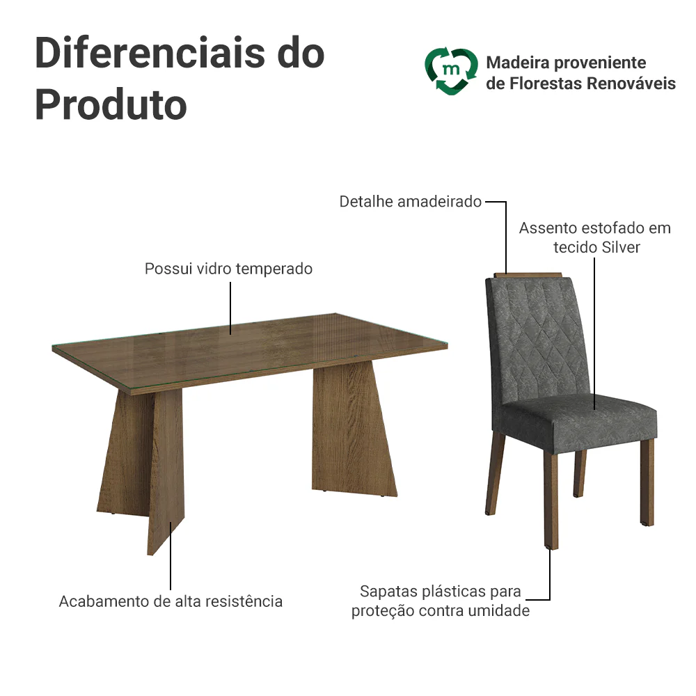 Conjunto Sala de Jantar Mesa Tampo de Vidro 4 Cadeiras Rustic/Silver Porto Madesa - Image 4