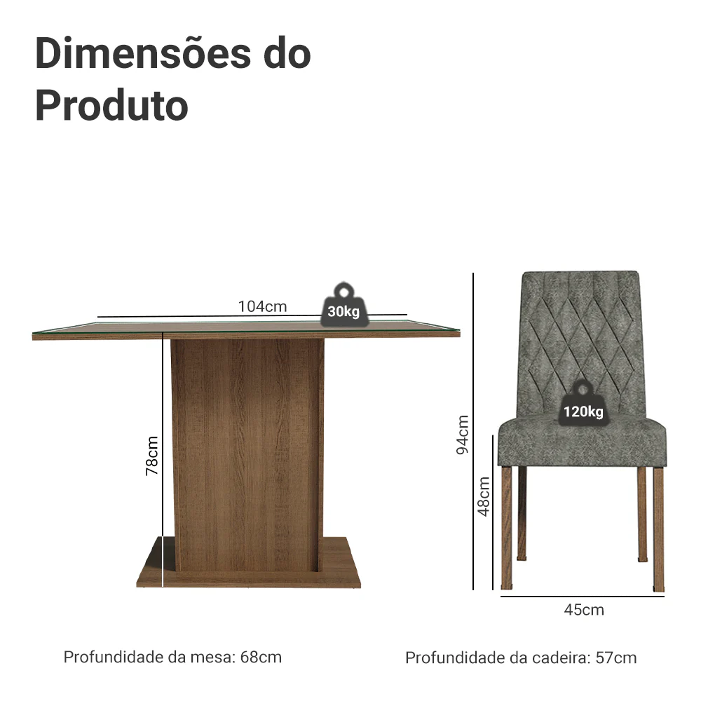 Conjunto Sala de Jantar Mesa Tampo de Vidro 4 Cadeiras Rustic/Silver Reale Madesa - Image 3