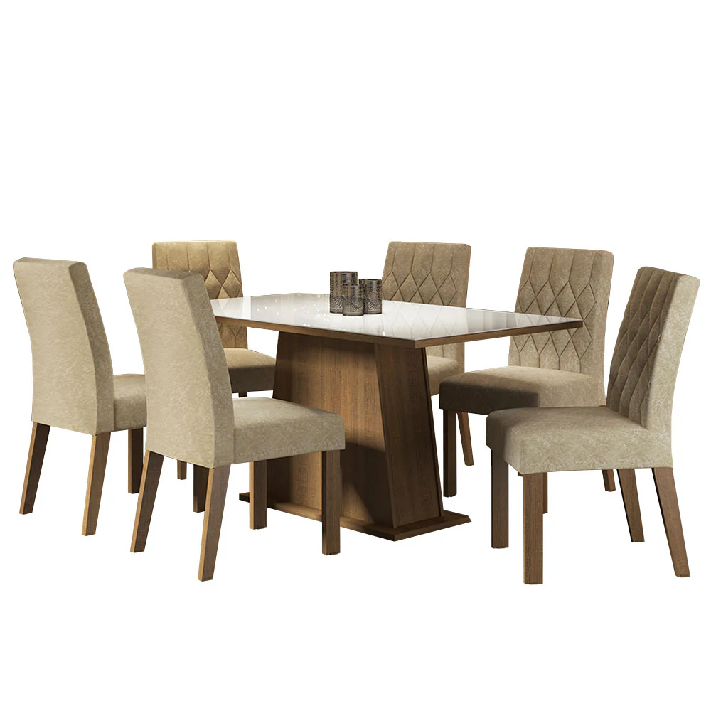 Conjunto Sala de Jantar Mesa Tampo de Vidro 6 Cadeiras Rustic/Branco/Imperial Stéfani Madesa - Image 2