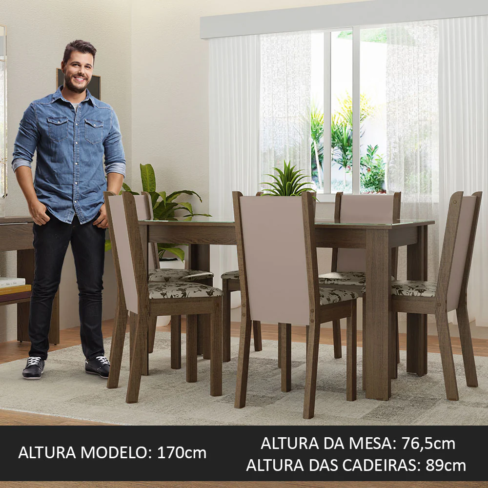 Conjunto Sala de Jantar Mesa Tampo de Vidro 6 Cadeiras Rustic/Crema/Bege Marrom Heloísa Madesa - Image 4