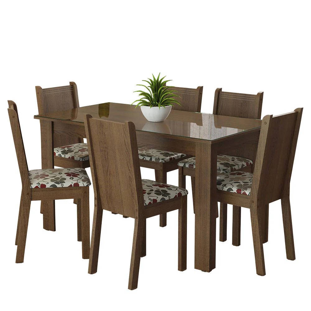 Conjunto Sala de Jantar Mesa Tampo de Vidro 6 Cadeiras Rustic/Hibiscos Isla Madesa - Image 2