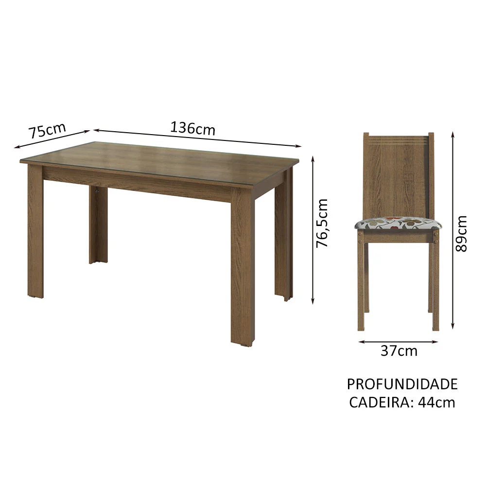 Conjunto Sala de Jantar Mesa Tampo de Vidro 6 Cadeiras Rustic/Hibiscos Isla Madesa - Image 3