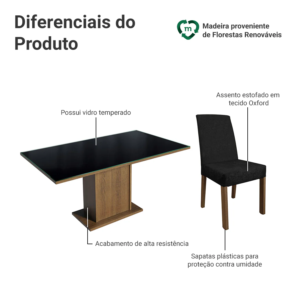 Conjunto Sala de Jantar Mesa Tampo de Vidro 6 Cadeiras Rustic/Preto/Oxford Alexis Madesa - Image 4
