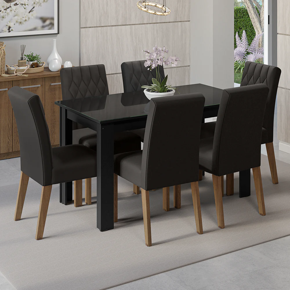 Conjunto Sala de Jantar Mesa Tampo de Vidro 6 Cadeiras Rustic/Preto/Oxford Odara Madesa