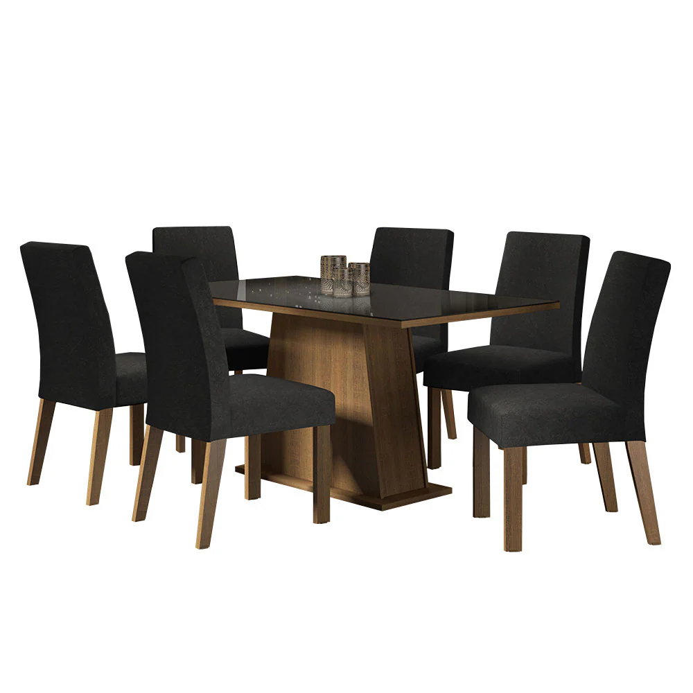 Conjunto Sala de Jantar Mesa Tampo de Vidro 6 Cadeiras Rustic/Preto/Oxford Patricia Madesa - Image 2
