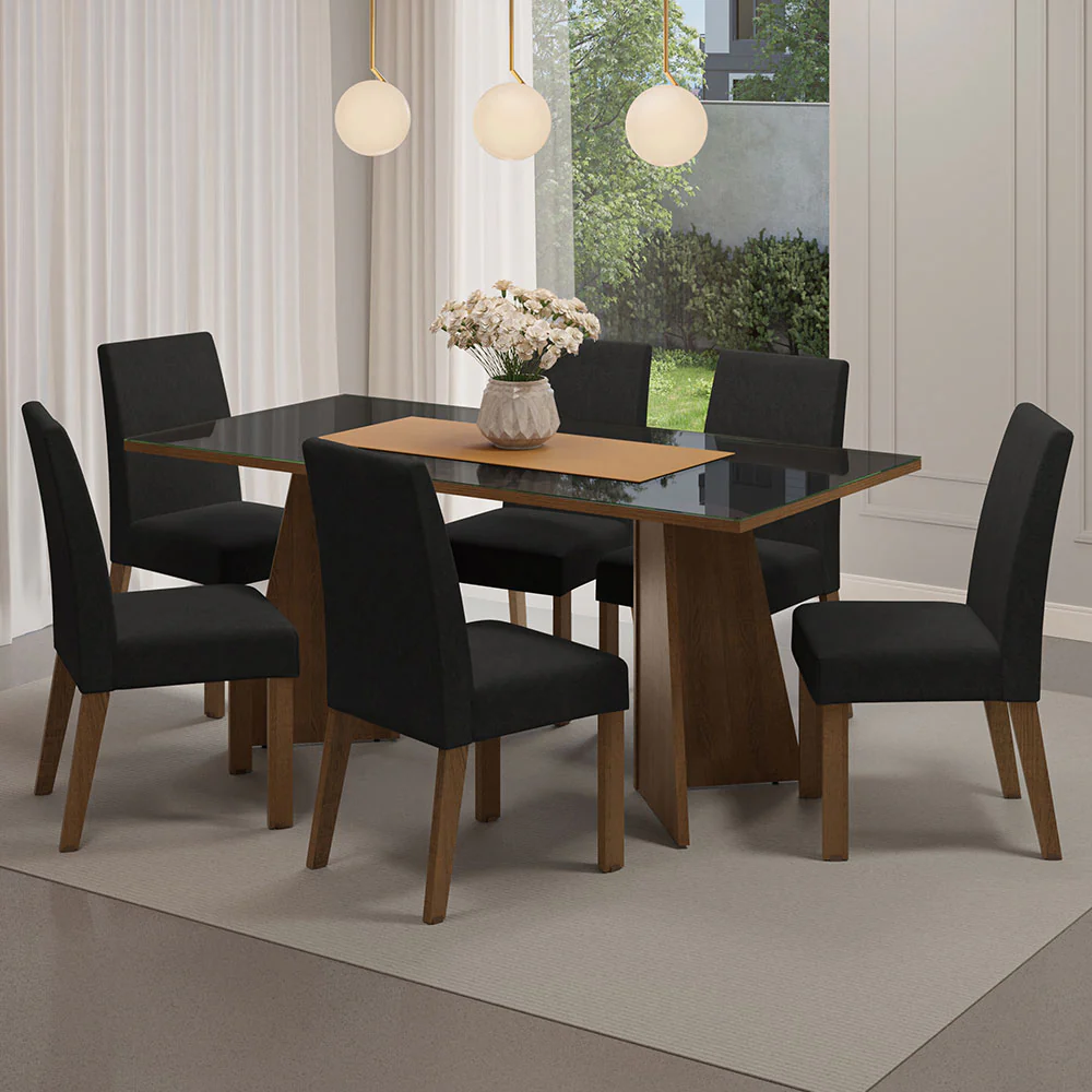 Conjunto Sala de Jantar Mesa Tampo de Vidro 6 Cadeiras Rustic/Preto/Oxford Valerie Madesa