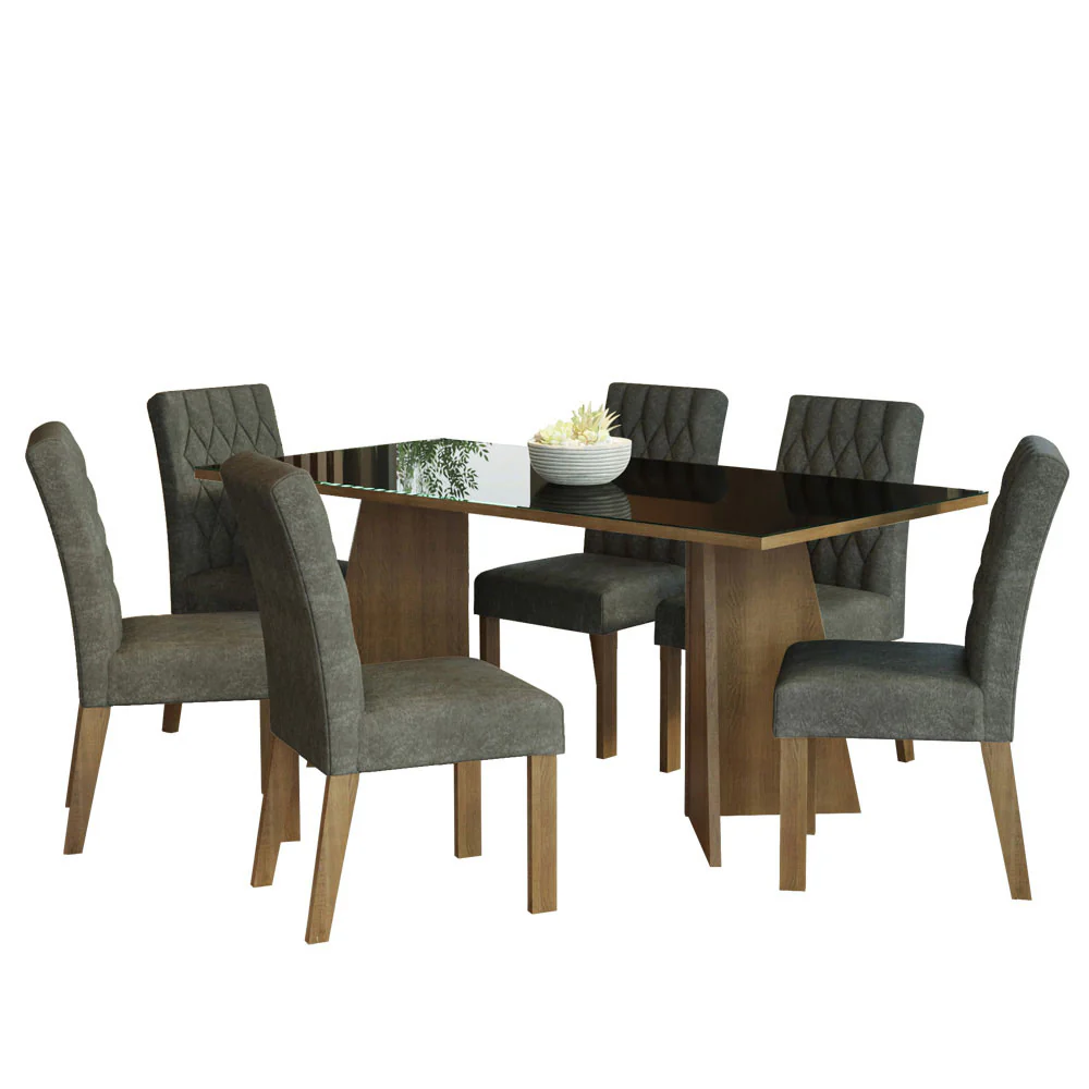 Conjunto Sala de Jantar Mesa Tampo de Vidro 6 Cadeiras Rustic/Preto/Silver Marissa Madesa - Image 2