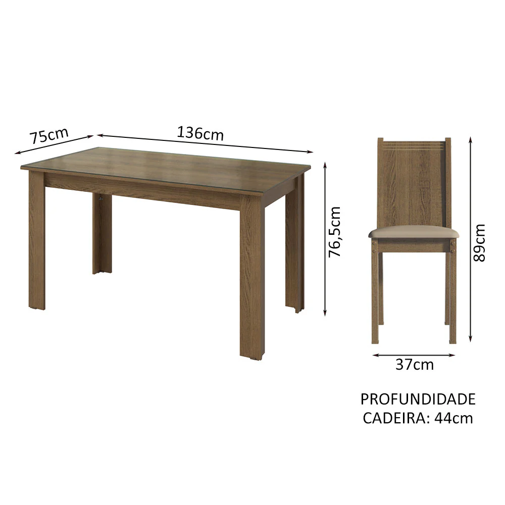 Conjunto Sala de Jantar Mesa Tampo de Vidro 6 Cadeiras Rustic/Sintético Bege Isla Madesa - Image 3