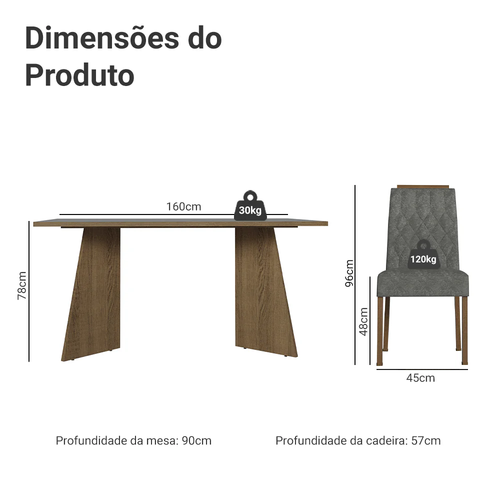 Conjunto Sala de Jantar Tampo de Madeira 4 Cadeiras Rustic/Cinza/Silver Tulum Madesa - Image 3