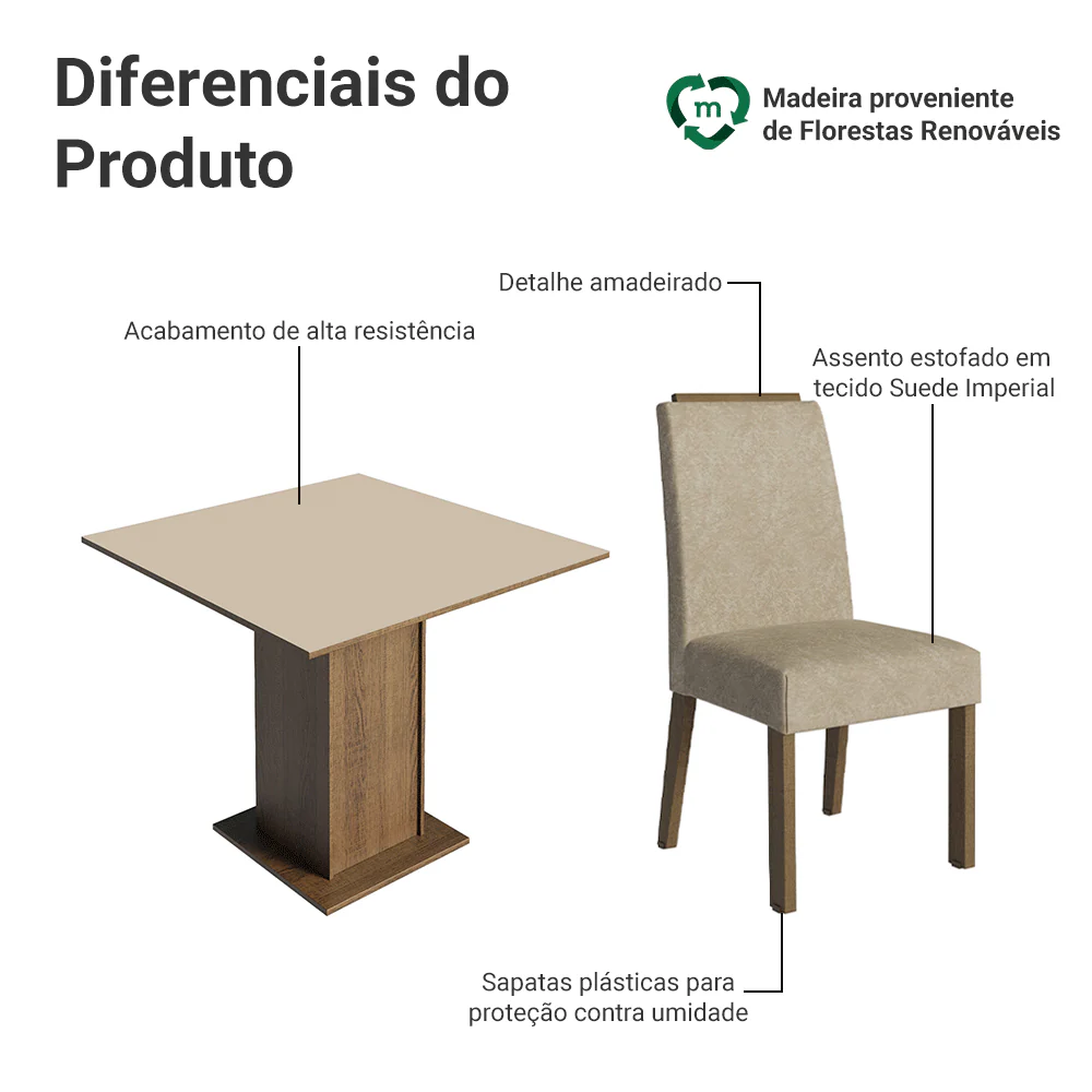 Conjunto Sala de Jantar Tampo de Madeira 4 Cadeiras Rustic/Crema/Imperial Aspen Madesa - Image 4