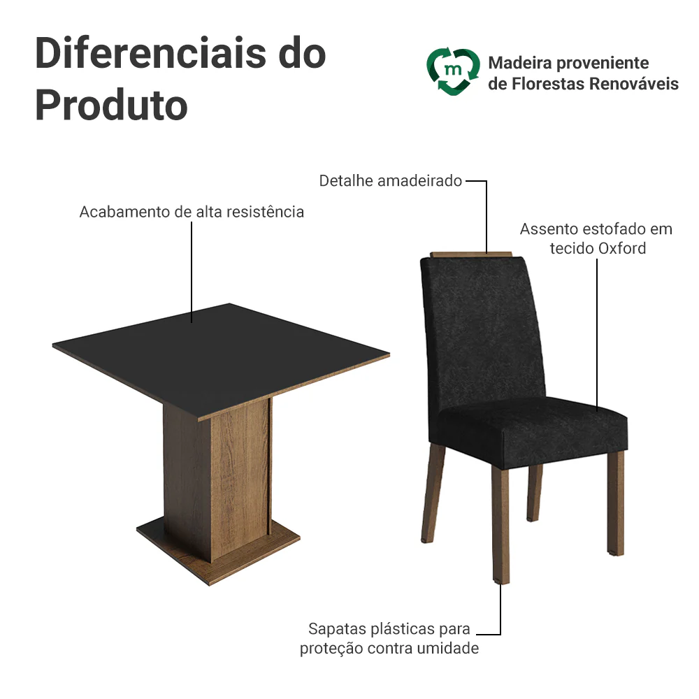 Conjunto Sala de Jantar Tampo de Madeira 4 Cadeiras Rustic/Preto/Oxford Aspen Madesa - Image 4