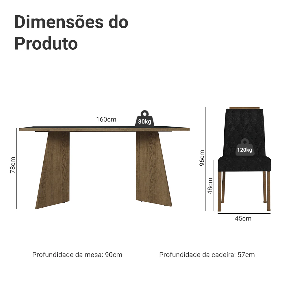 Conjunto Sala de Jantar Tampo de Madeira 4 Cadeiras Rustic/Preto/Oxford Tulum Madesa - Image 3