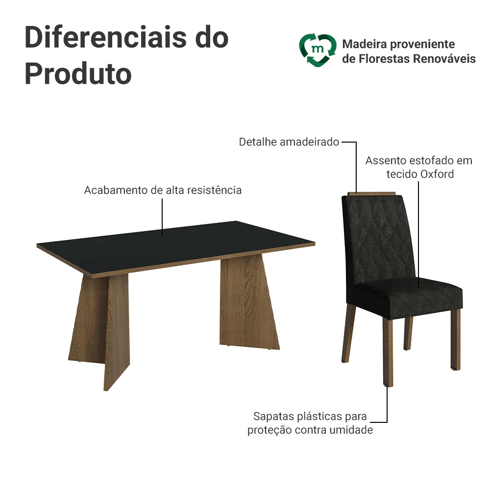 Conjunto Sala de Jantar Tampo de Madeira 4 Cadeiras Rustic/Preto/Oxford Tulum Madesa - Image 4