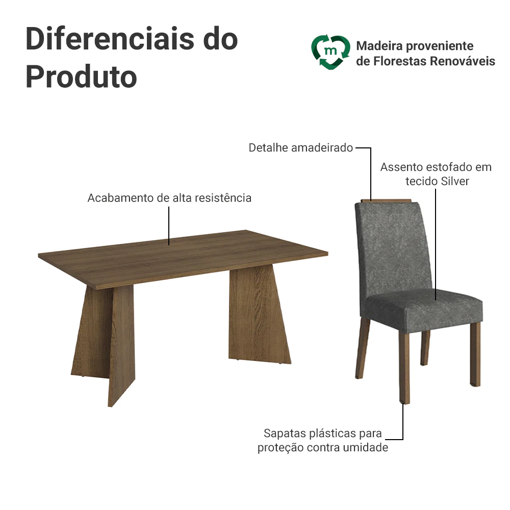 Conjunto Sala de Jantar Tampo de Madeira 4 Cadeiras Rustic/Silver Évora Madesa - Image 4