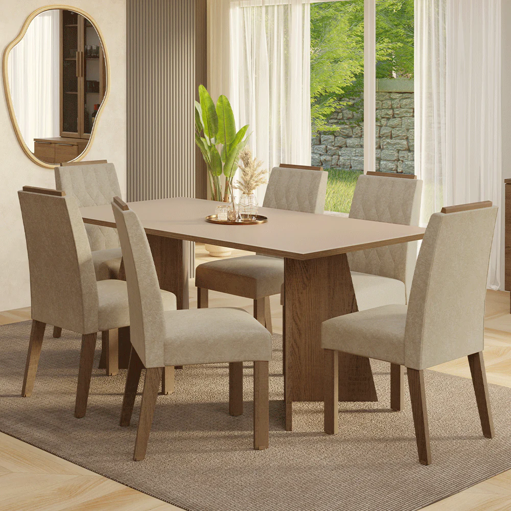 Conjunto Sala de Jantar Tampo de Madeira 6 Cadeiras Rustic/Crema/Imperial York Madesa