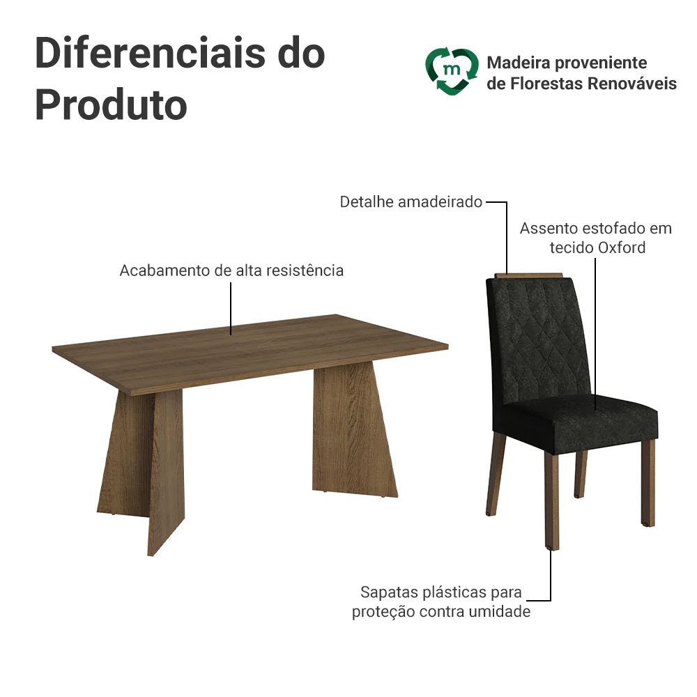 Conjunto Sala de Jantar Tampo de Madeira 6 Cadeiras Rustic/Oxford Leon Madesa - Image 4