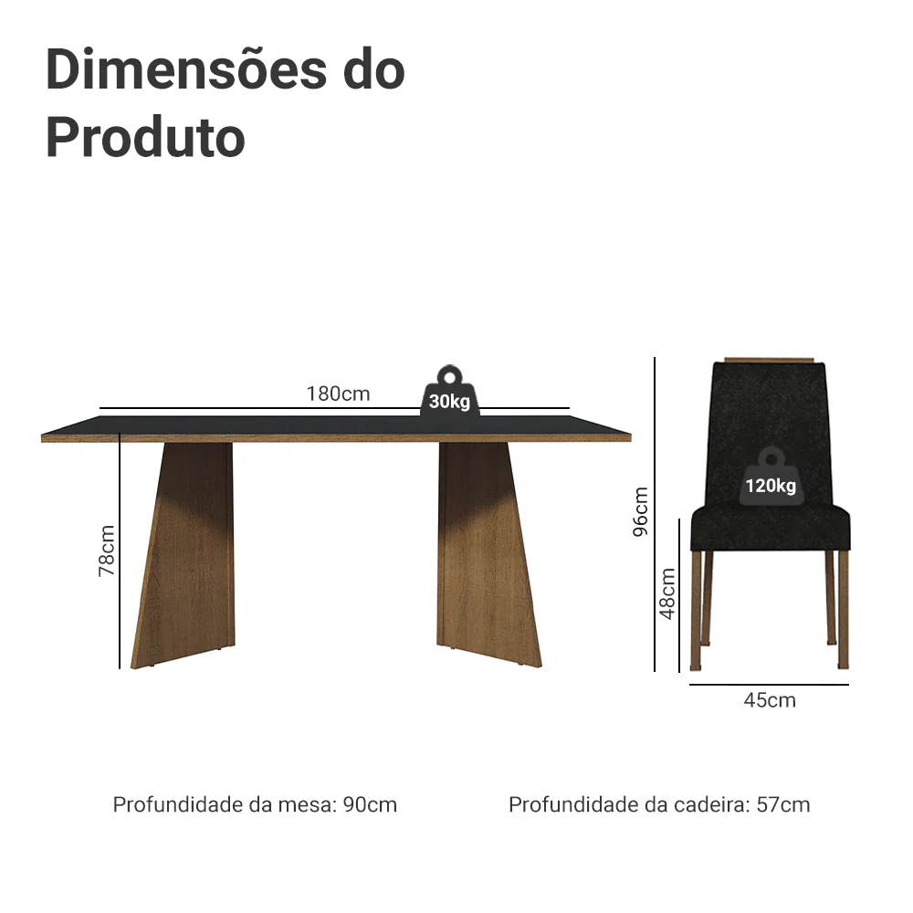 Conjunto Sala de Jantar Tampo de Madeira 6 Cadeiras Rustic/Preto/Oxford Minsk Madesa - Image 3