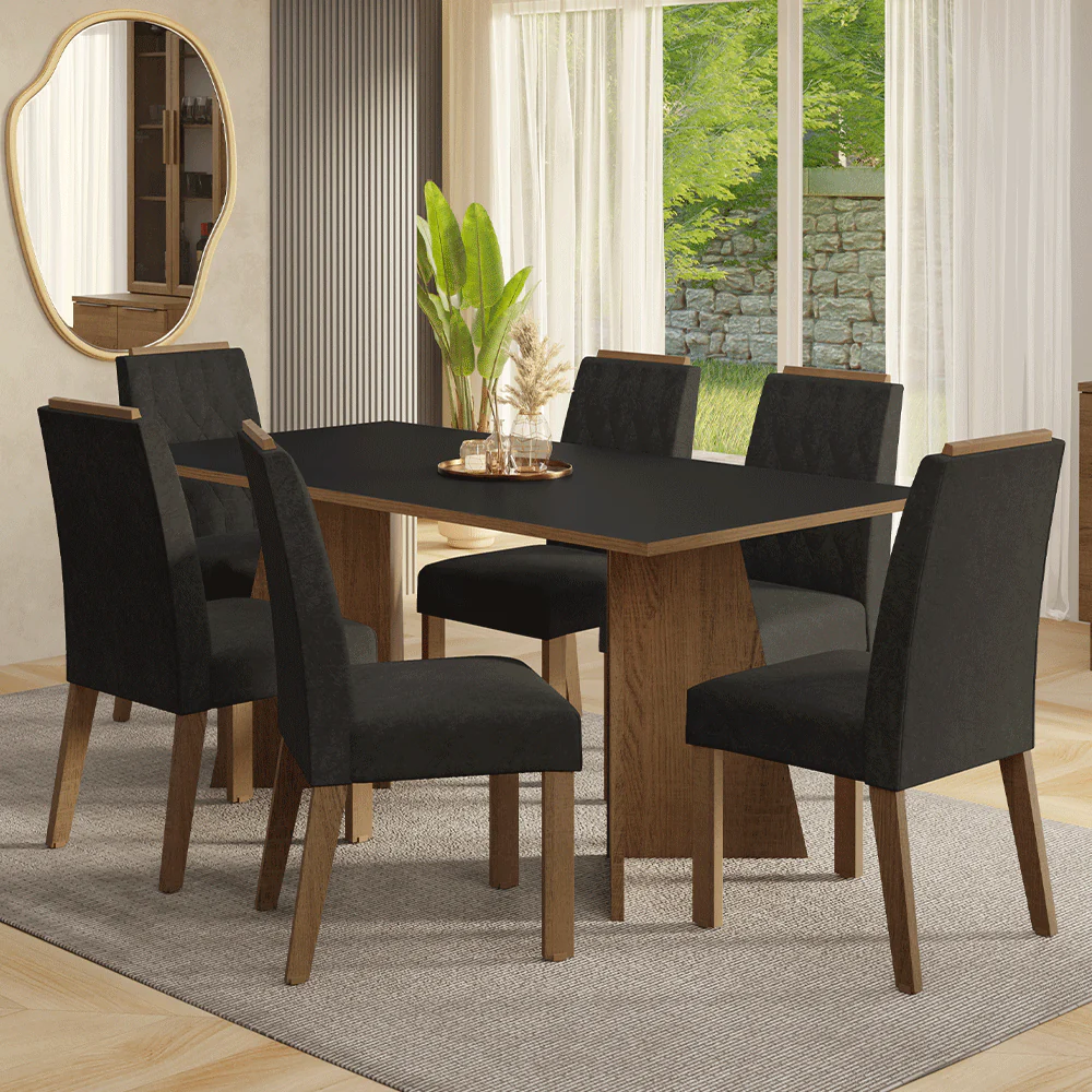 Conjunto Sala de Jantar Tampo de Madeira 6 Cadeiras Rustic/Preto/Oxford York Madesa