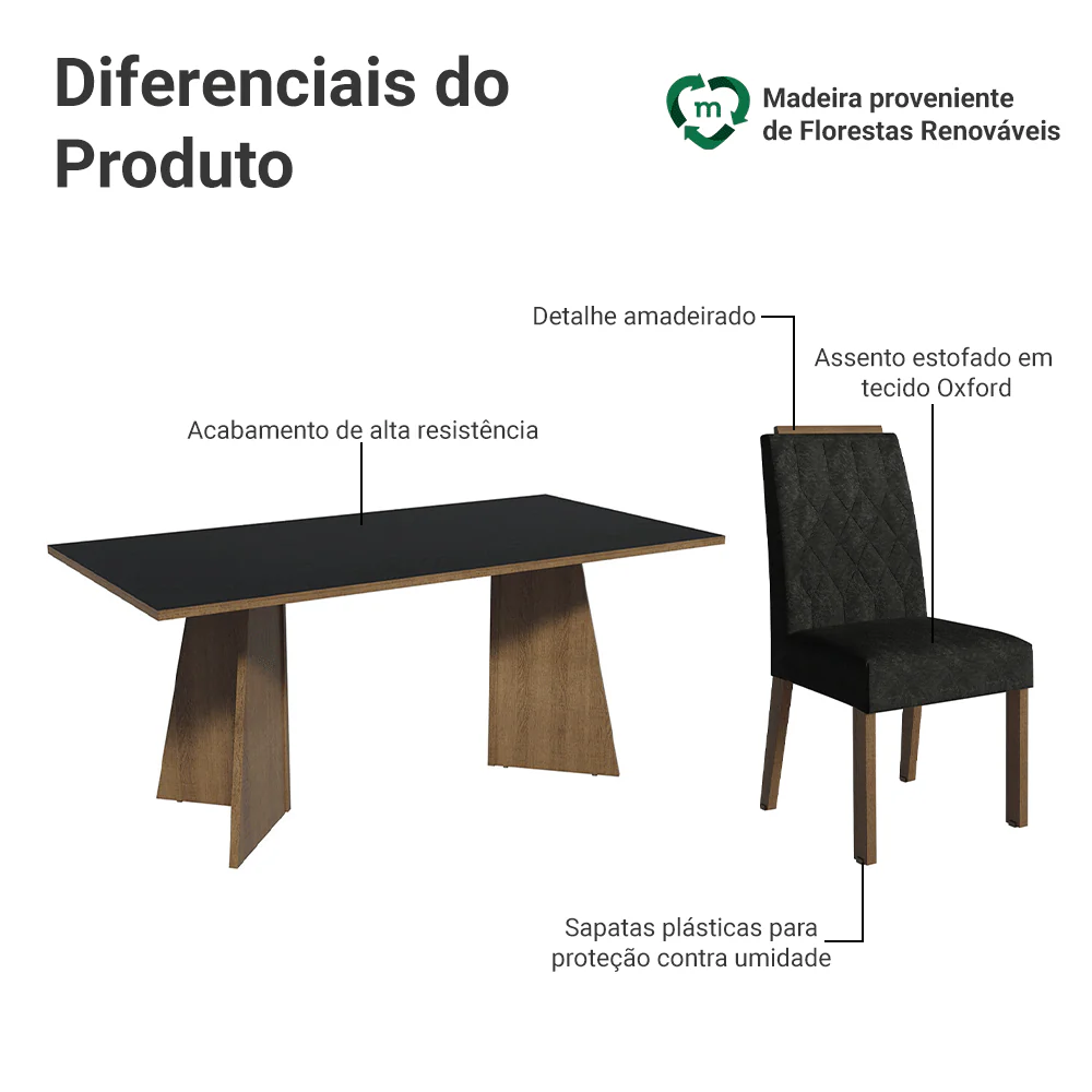 Conjunto Sala de Jantar Tampo de Madeira 6 Cadeiras Rustic/Preto/Oxford York Madesa - Image 4