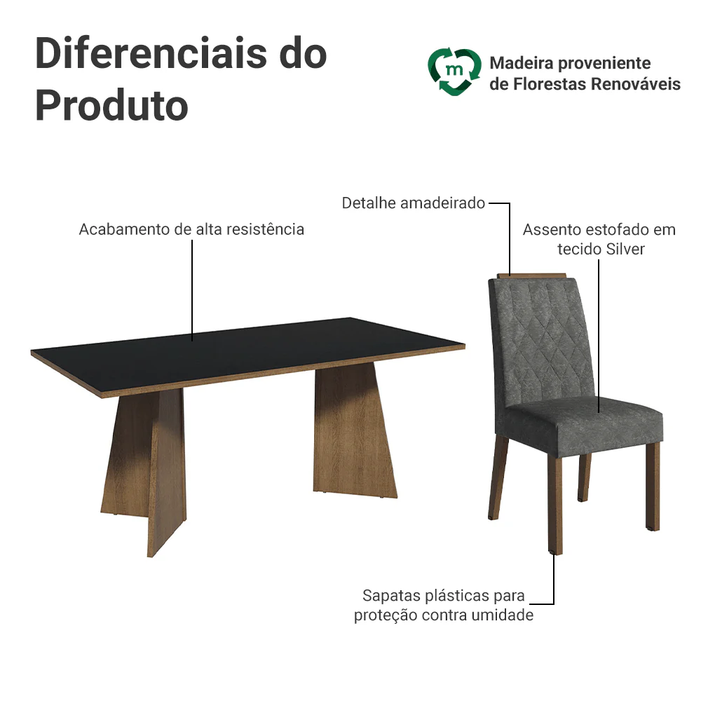 Conjunto Sala de Jantar Tampo de Madeira 6 Cadeiras Rustic/Preto/Silver York Madesa - Image 4
