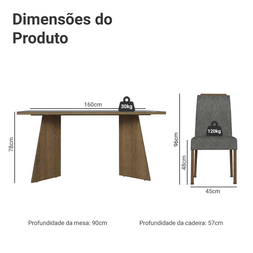 Conjunto Sala de Jantar Tampo de Vidro 4 Cadeiras Rustic/Cinza/Silver Braga Madesa - Image 3