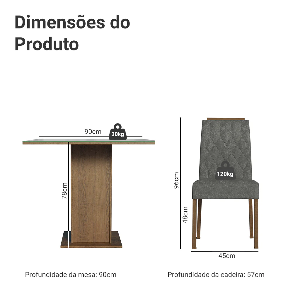 Conjunto Sala de Jantar Tampo de Vidro 4 Cadeiras Rustic/Cinza/Silver Capri Madesa - Image 3