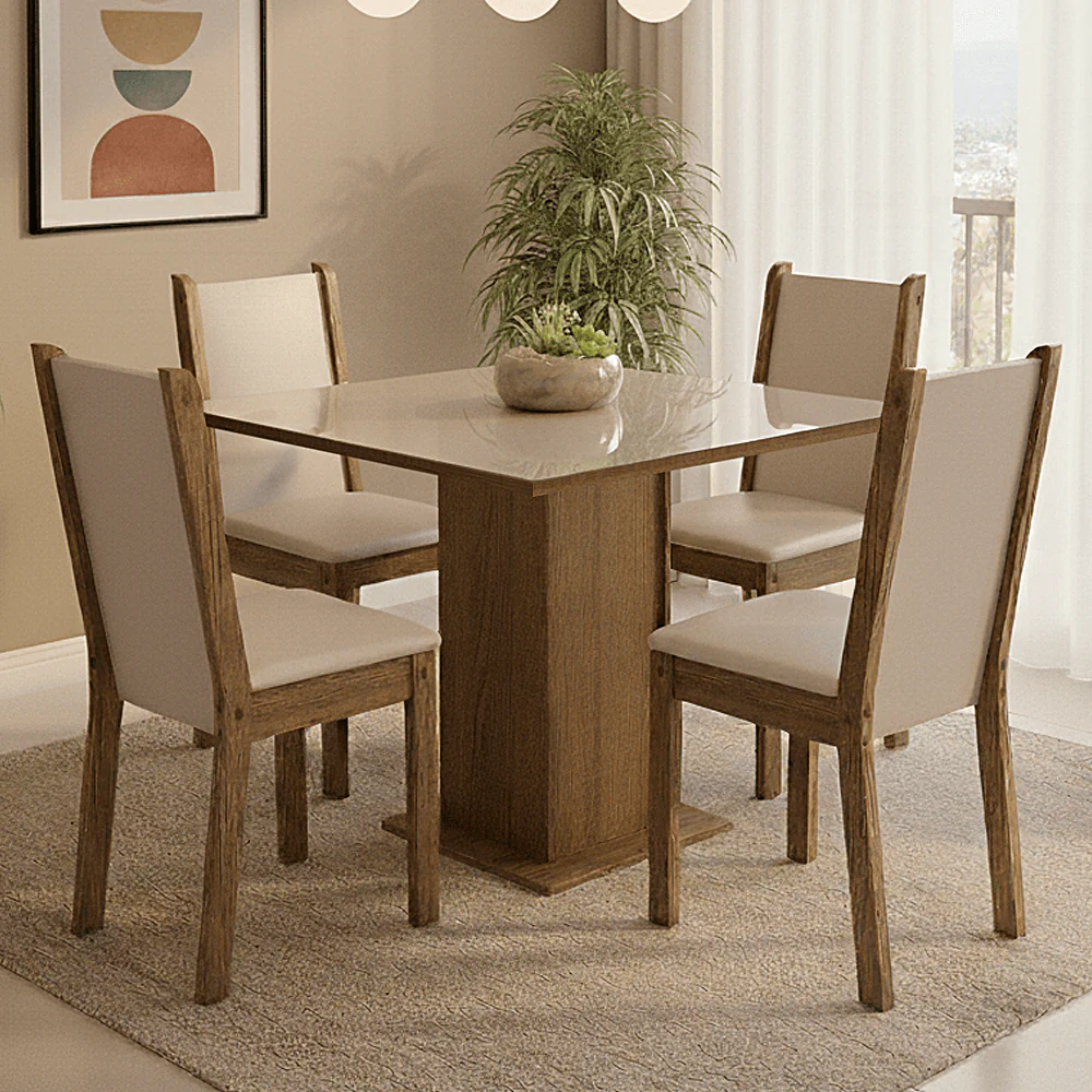 Conjunto Sala de Jantar Tampo de Vidro 4 Cadeiras Rustic/Crema/Bege Leme Madesa