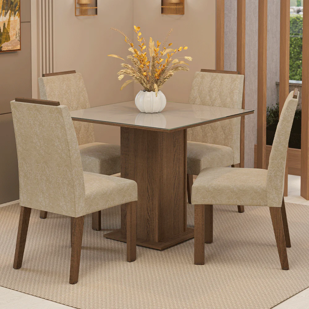 Conjunto Sala de Jantar Tampo de Vidro 4 Cadeiras Rustic/Crema/Imperial Capri Madesa