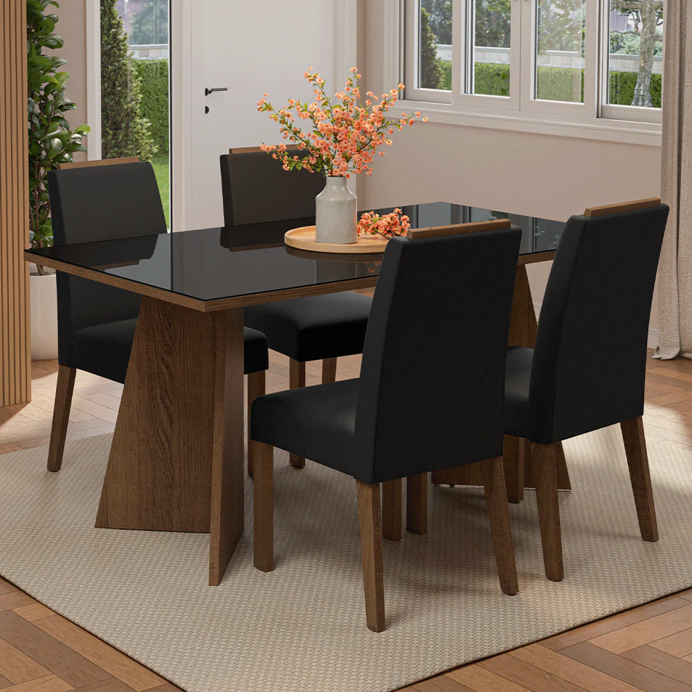 Conjunto Sala de Jantar Tampo de Vidro 4 Cadeiras Rustic/Preto/Oxford Braga Madesa