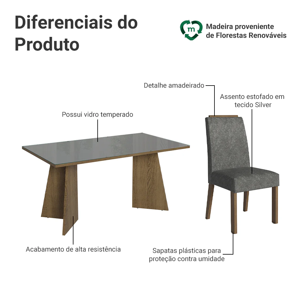 Conjunto Sala de Jantar Tampo de Vidro 6 Cadeiras Rustic/Cinza/Silver Madrid Madesa - Image 4