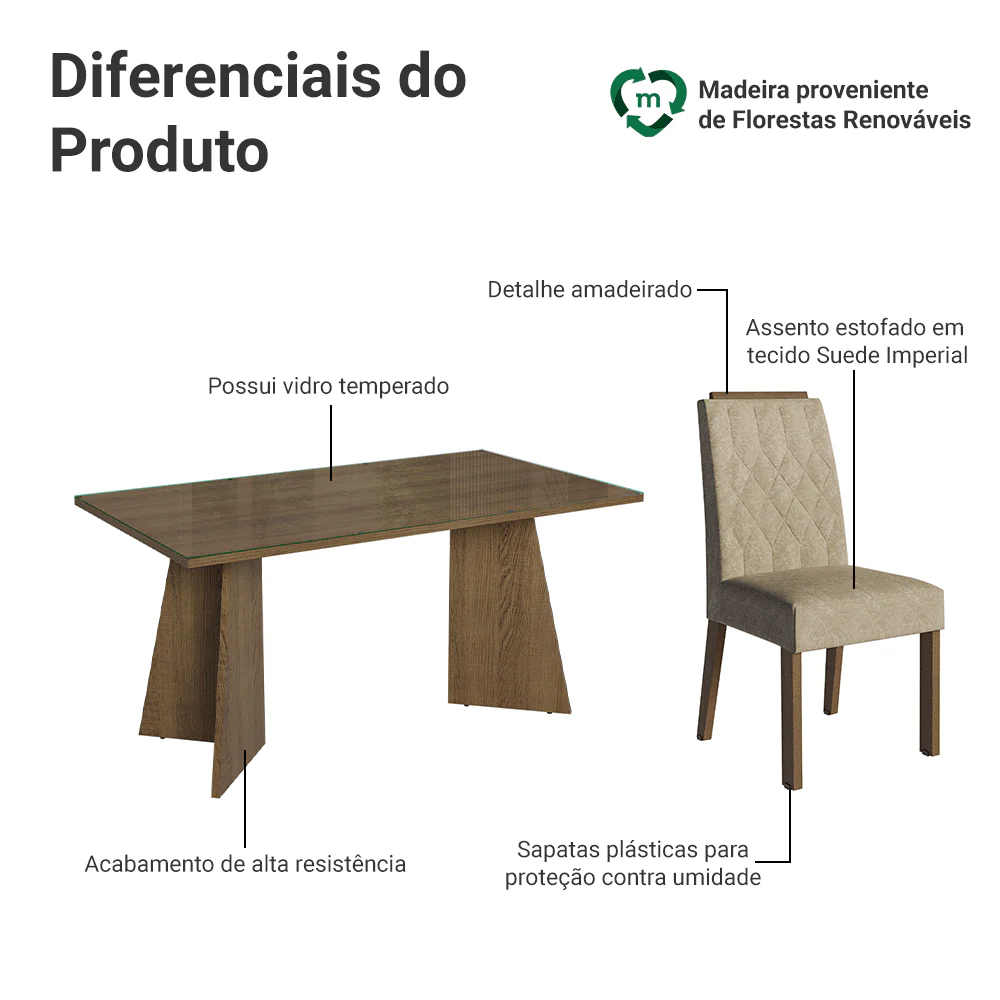 Conjunto Sala de Jantar Tampo de Vidro 6 Cadeiras Rustic/Imperial Sintra Madesa - Image 4