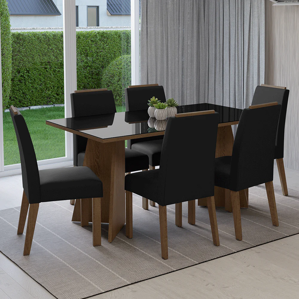 Conjunto Sala de Jantar Tampo de Vidro 6 Cadeiras Rustic/Preto/Oxford Madrid Madesa
