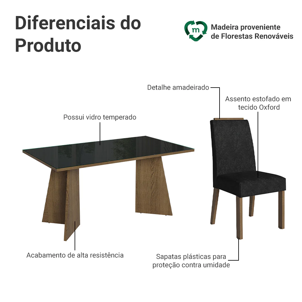 Conjunto Sala de Jantar Tampo de Vidro 6 Cadeiras Rustic/Preto/Oxford Madrid Madesa - Image 4