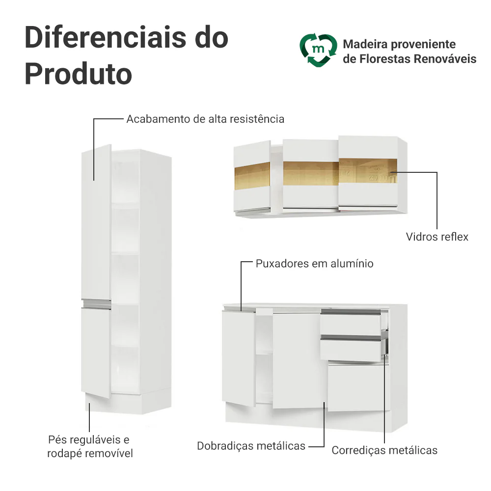 Armário de Cozinha Compacta 100% MDF 170 cm Branco Smart Madesa 01 - Image 4