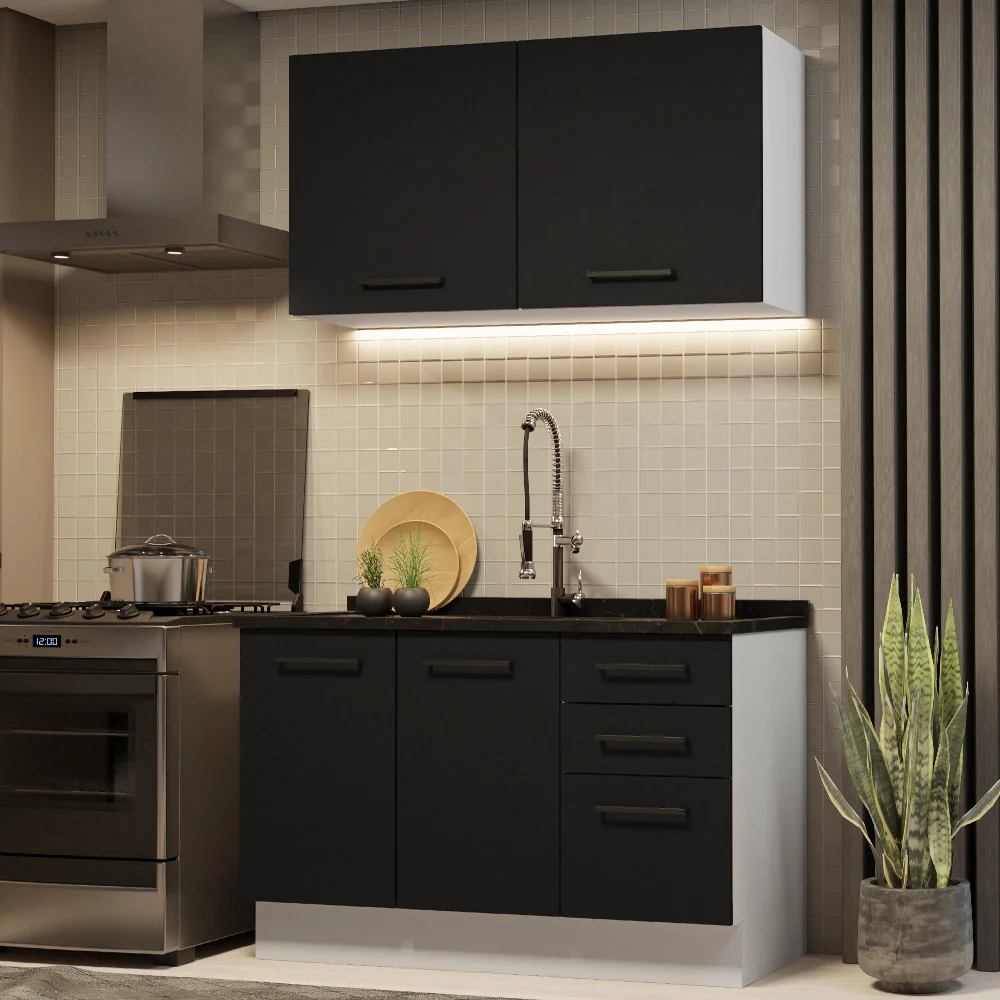 Armário de Cozinha Compacta 120cm Branco/Preto Agata Madesa 01