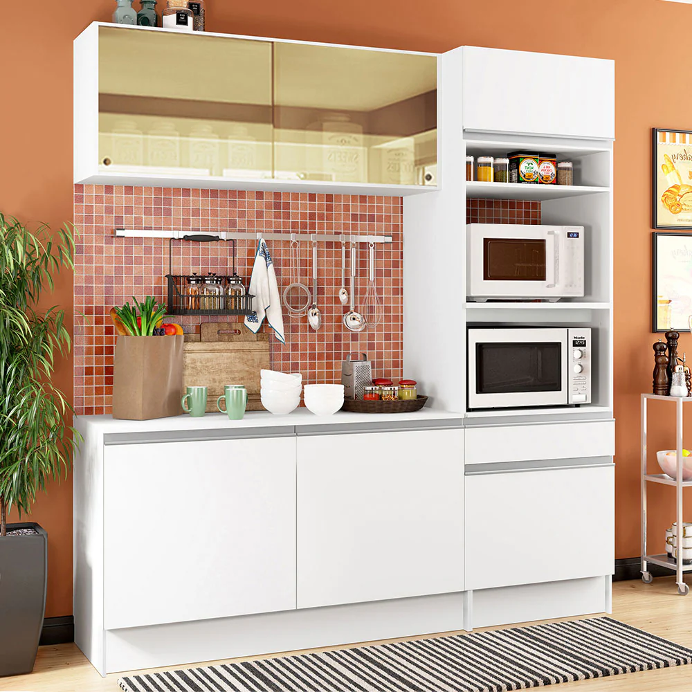 Armário de Cozinha Compacta  com Balcão e Tampo Branco Diamante Pop Madesa