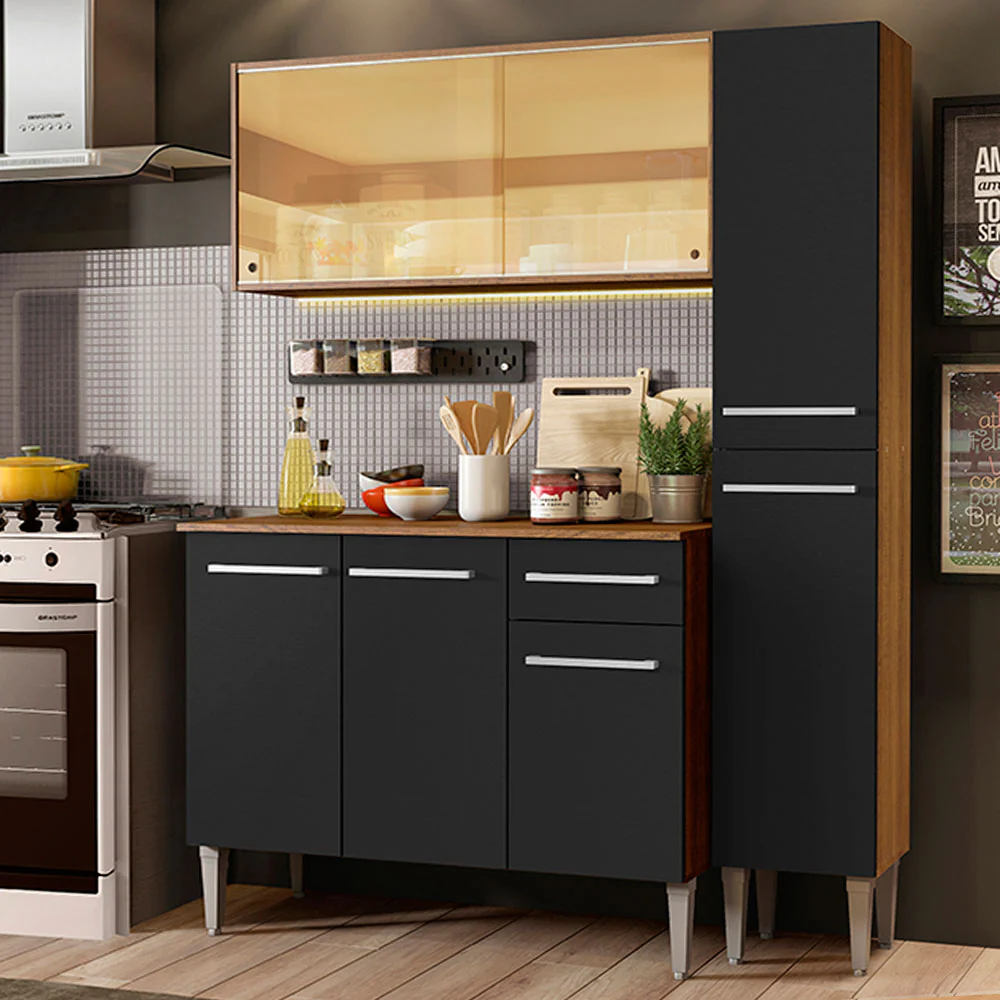 Armário de Cozinha Compacta 137cm Rustic/Preto Emilly Gold Madesa 03
