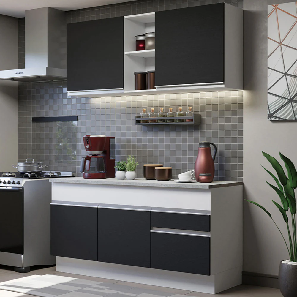 Armário de Cozinha Compacta 150cm Branco/Preto Glamy Madesa 01