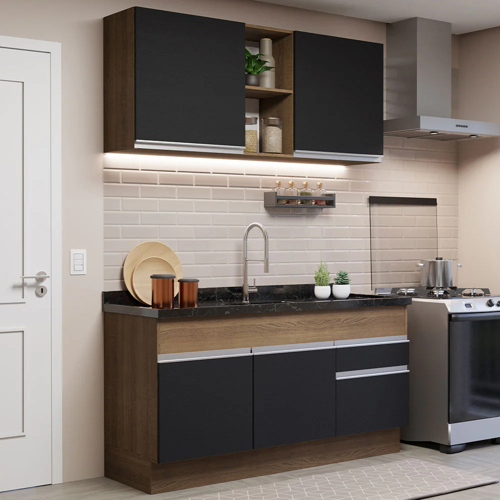 Armário de Cozinha Compacta 150cm Rustic/Preto Glamy Madesa 02