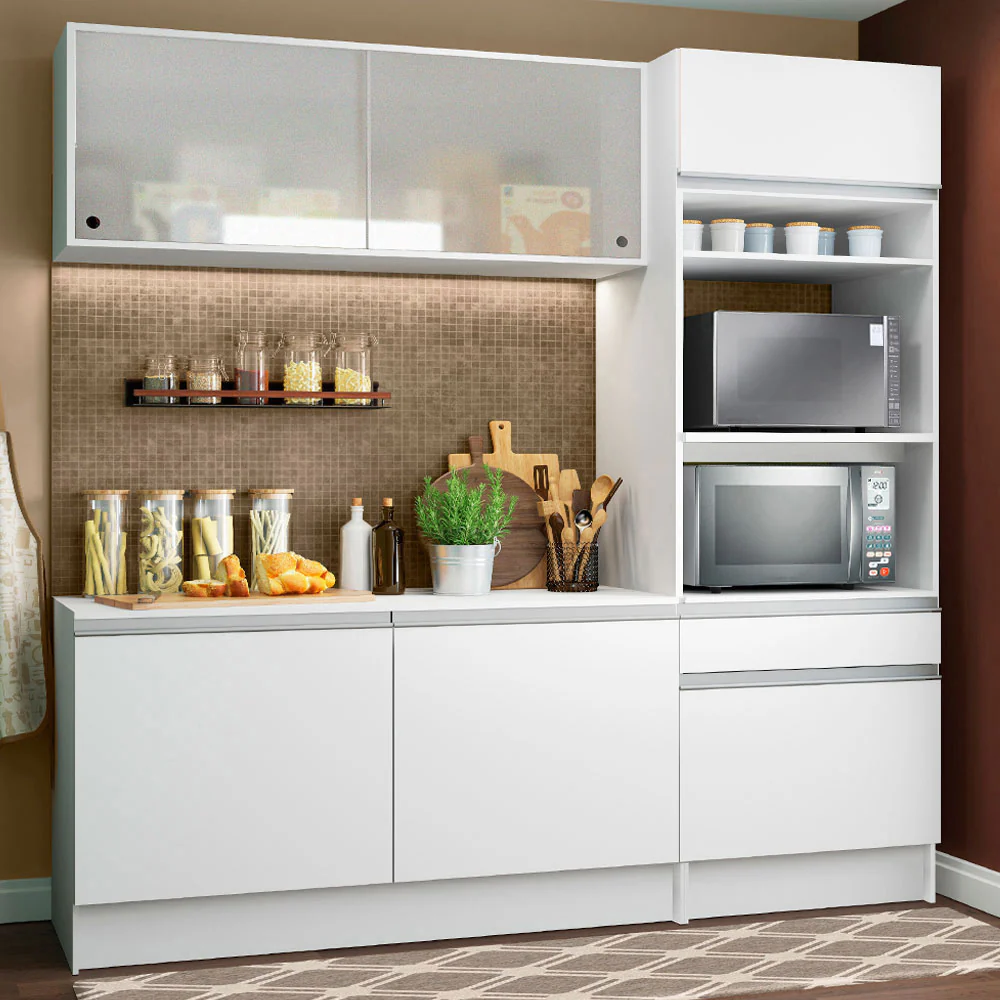 Armário de Cozinha Compacta com Balcão e Tampo Branco Topazio Pop Madesa