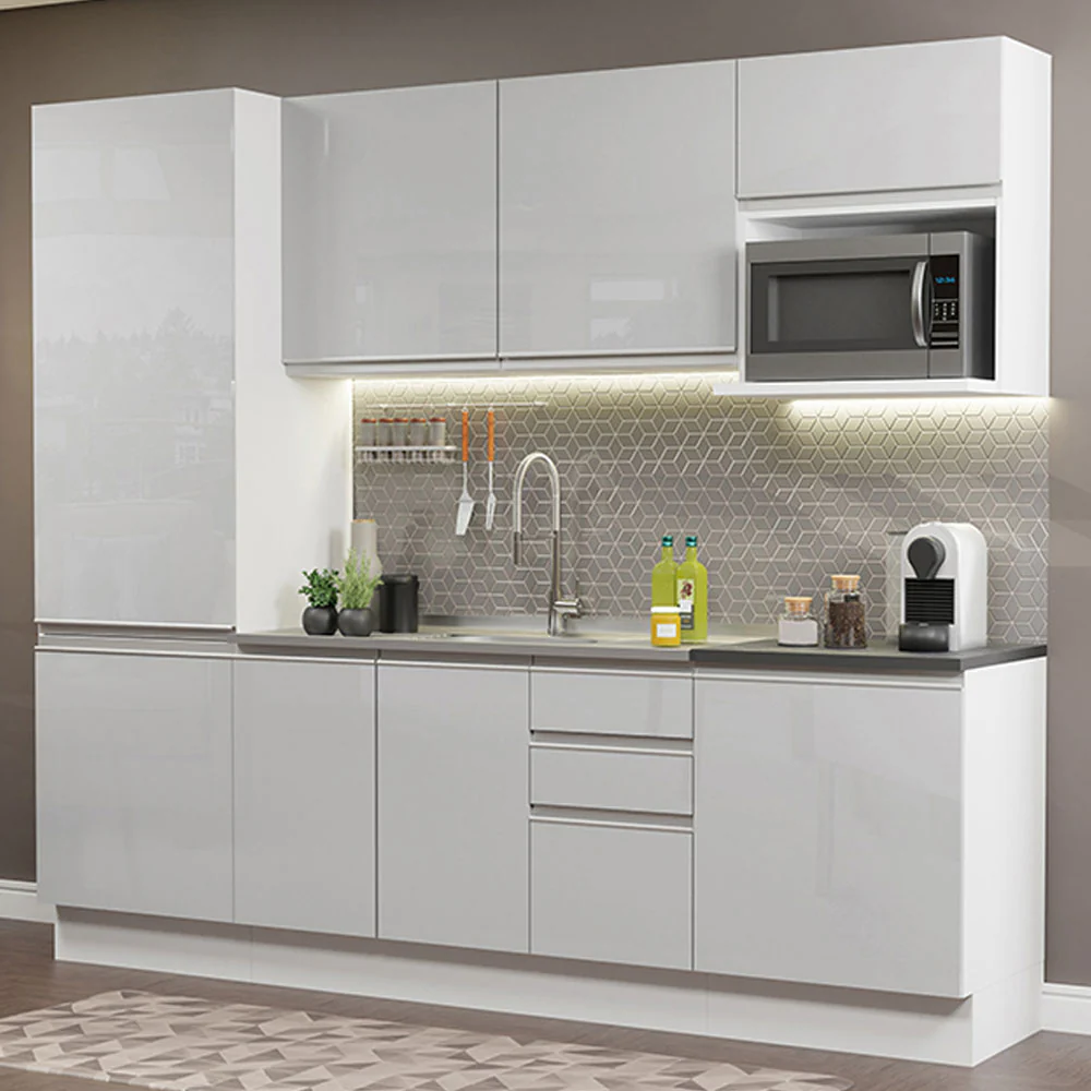 Armário de Cozinha Completa 100% MDF 240cm Frentes Branco Brilho Acordes Madesa 01