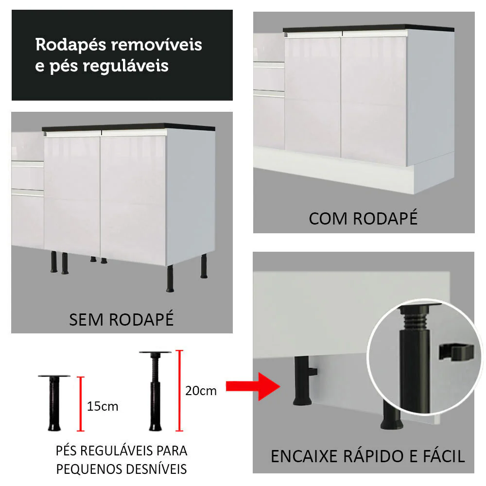 Armário de Cozinha Completa 100% MDF 260cm Frentes Branco Brilho Acordes Madesa 01 - Image 9